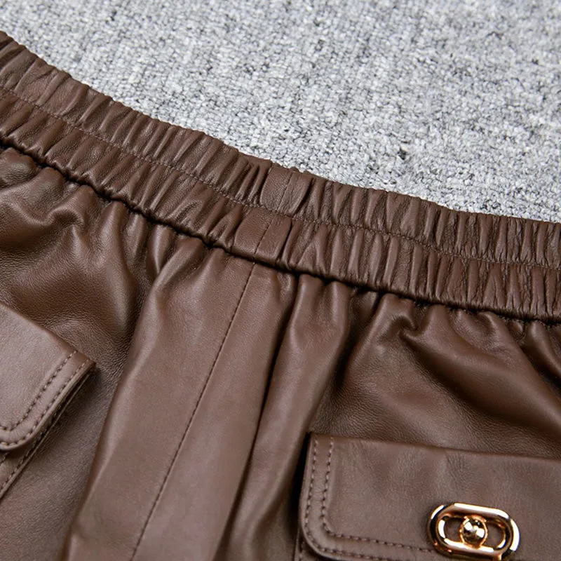 Women Shorts Leather High Waist Wide Leg Sheepskin Leather Pants 2022 Autumn Winter New Elastic Waist Metal Button Design TF4790