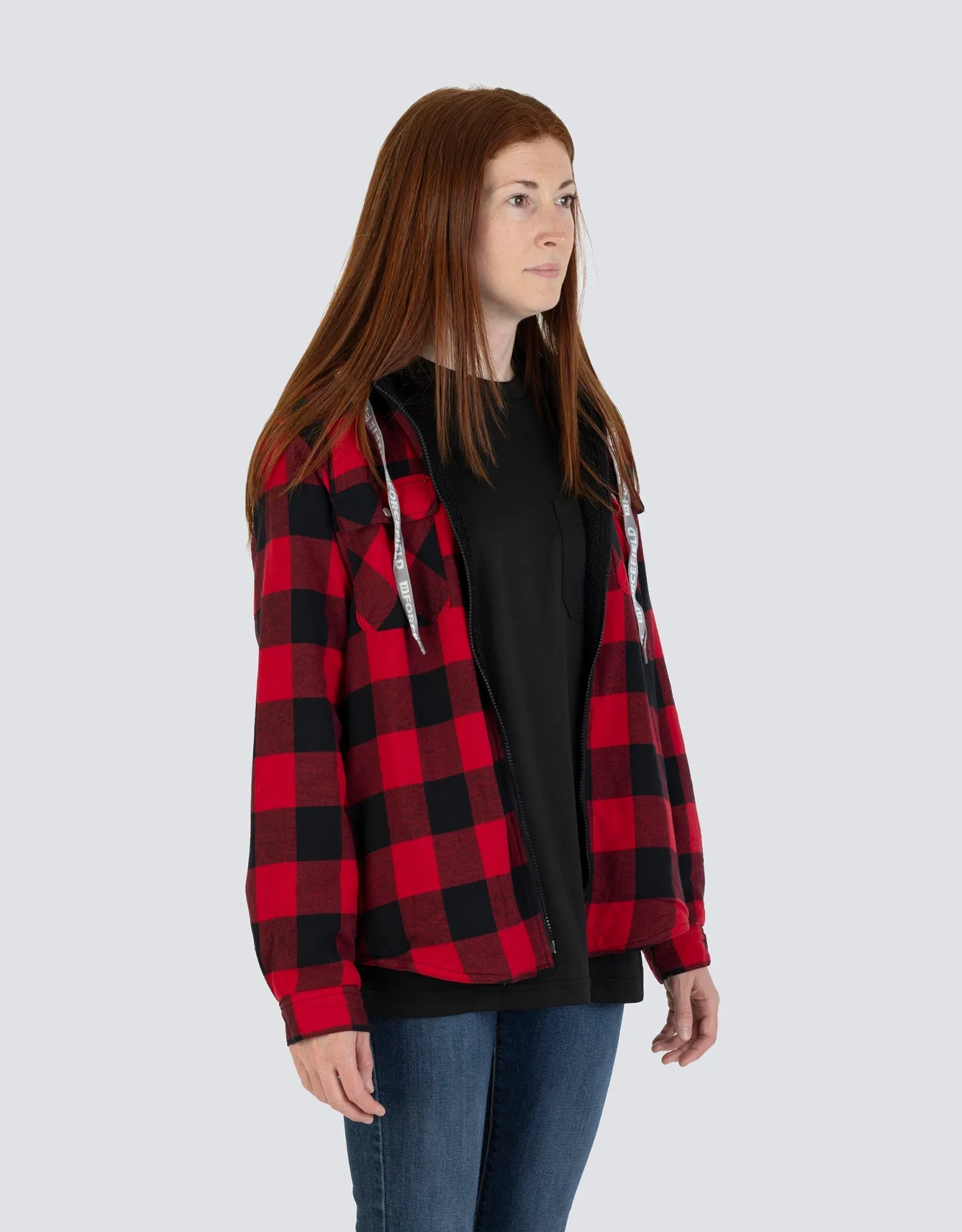Women's Hooded Sherpa-Lined Buffalo Plaid Flannel Shirt jacket