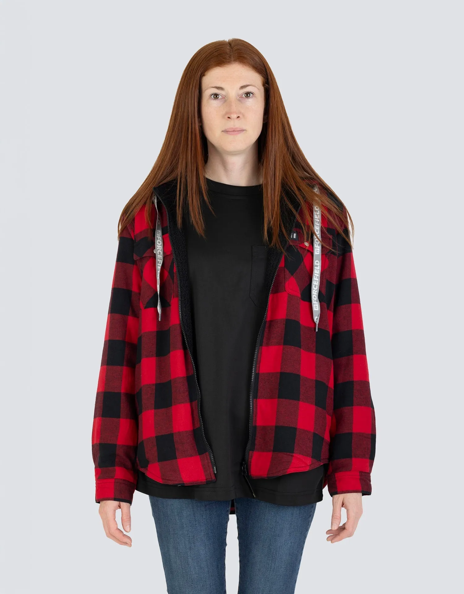 Women's Hooded Sherpa-Lined Buffalo Plaid Flannel Shirt jacket