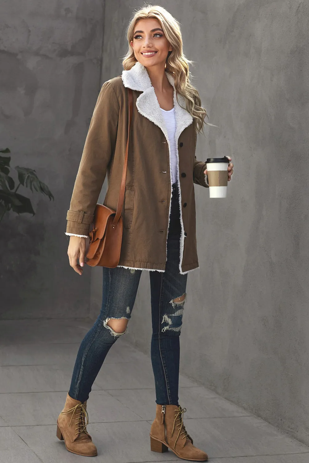 Women's Winter Khaki Lapel Collar Button Fleece Jacket
