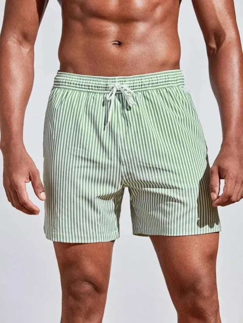 Zane Men's Striped Swim Trunks - Quick-Dry Fabric with Adjustable Drawstring Waist