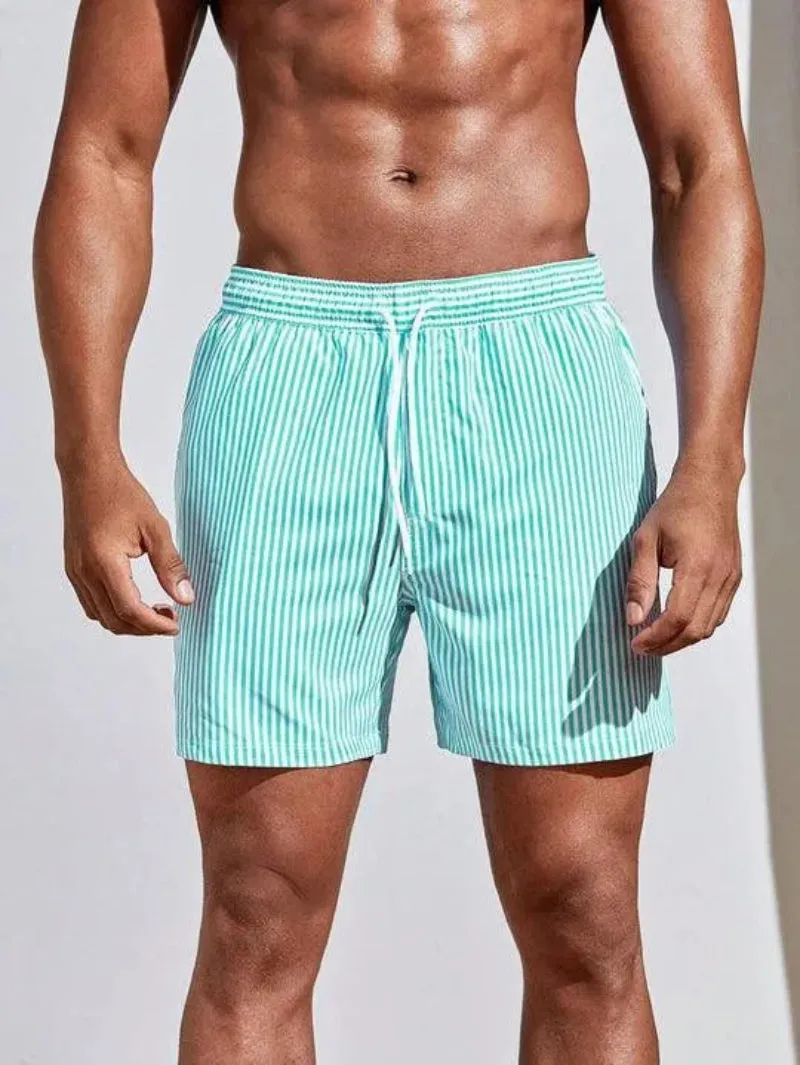 Zane Men's Striped Swim Trunks - Quick-Dry Fabric with Adjustable Drawstring Waist