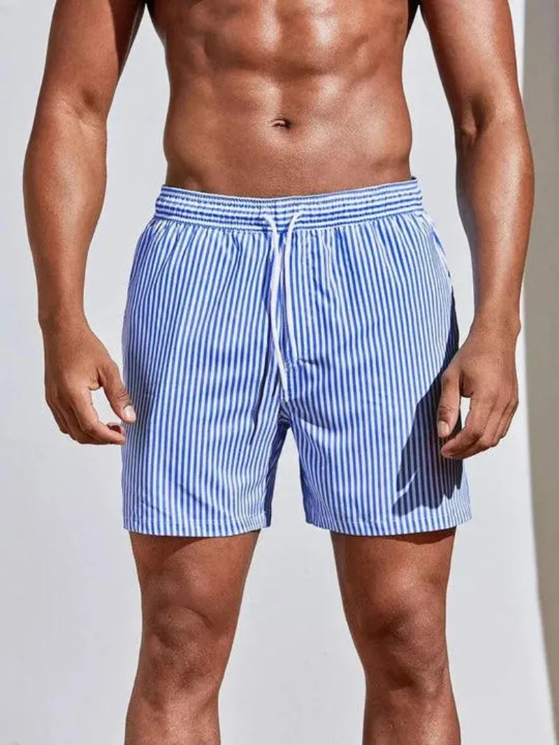 Zane Men's Striped Swim Trunks - Quick-Dry Fabric with Adjustable Drawstring Waist