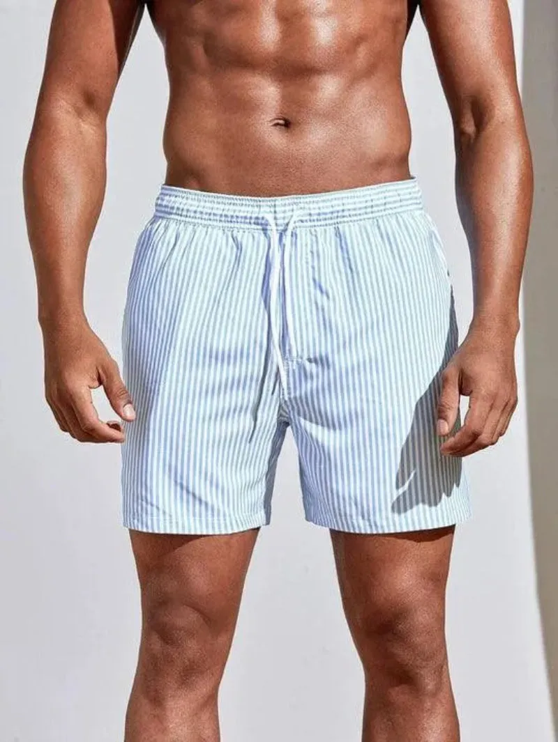Zane Men's Striped Swim Trunks - Quick-Dry Fabric with Adjustable Drawstring Waist